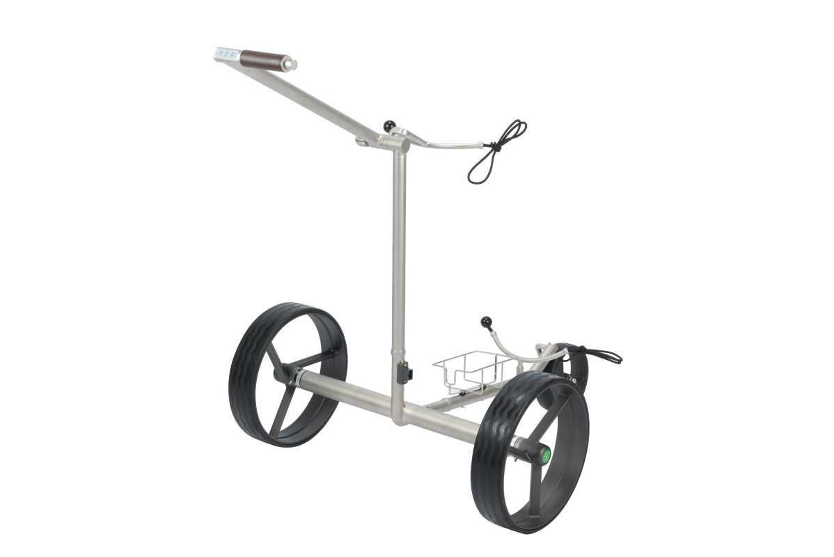 Lithium Elektro Golf Trolley Kolibri lago® K3, Edelbeschichtung in Titan-Optik, schnell-zerlegbar/-klappbar, mit Bergabfahrbremse, Fernbedienung als Option